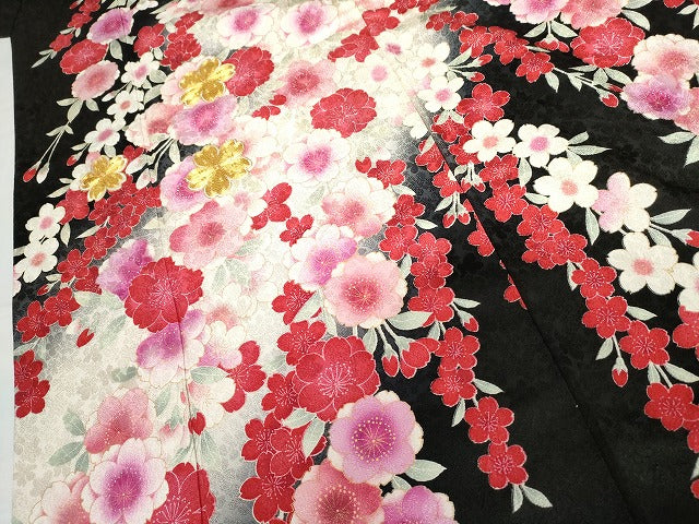 平和屋着物●豪華振袖 駒刺繍 枝垂れ花文 暈し染め 黒地 金彩 正絹 逸品 AABG7960cs