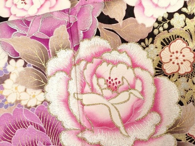 平和屋着物●豪華振袖 刺繍 枝花文 暈し染め ラインストーン 金銀彩 金糸 正絹 逸品 AABG7958cs