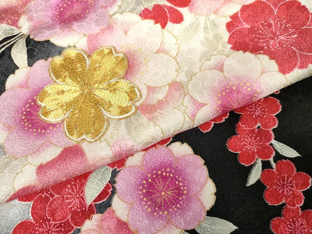 平和屋着物●豪華振袖 駒刺繍 枝垂れ花文 暈し染め 黒地 金彩 正絹 逸品 AABG7960cs