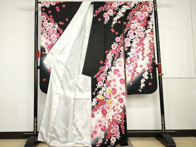 平和屋着物●豪華振袖 駒刺繍 枝垂れ花文 暈し染め 黒地 金彩 正絹 逸品 AABG7959cs