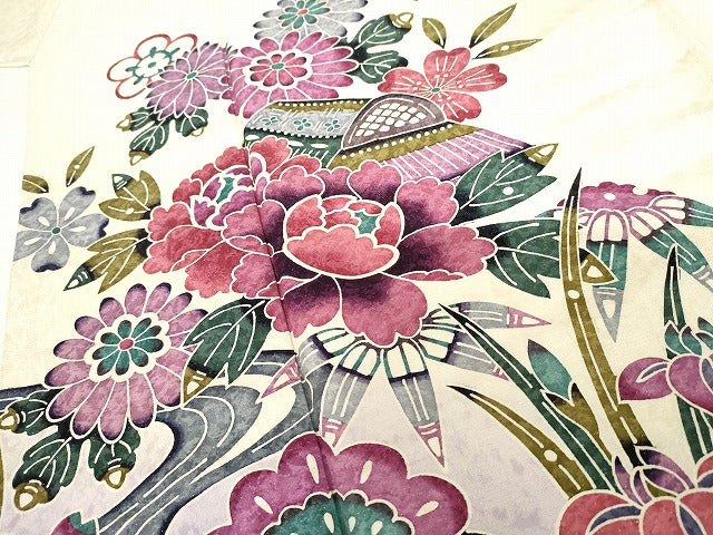 平和屋着物●訪問着 紅型 松竹梅 風景文 暈し染め 銀通し地 正絹 逸品 AABG7951cs