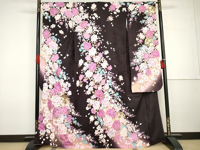 平和屋着物●豪華振袖 刺繍 枝花文 暈し染め ラインストーン 金銀彩 金糸 正絹 逸品 AABG7958cs