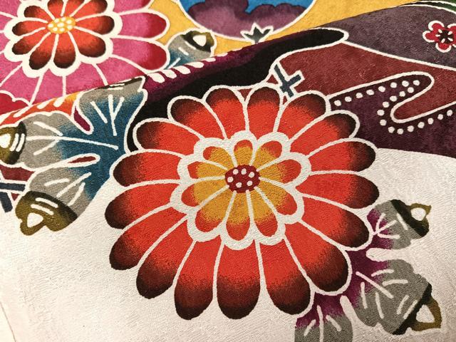 平和屋着物●豪華振袖・長襦袢(無双仕立て)セット 紅型 流水風景草花文 半衿刺繍 正絹 逸品 AABG8525ph