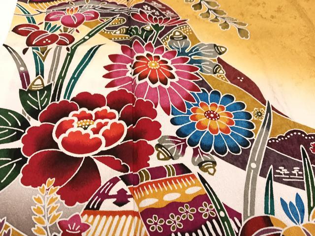 平和屋着物●豪華振袖・長襦袢(無双仕立て)セット 紅型 流水風景草花文 半衿刺繍 正絹 逸品 AABG8525ph