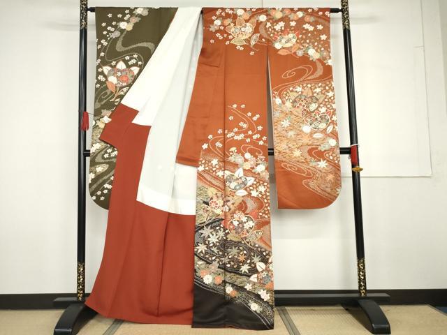平和屋着物●豪華振袖 駒刺繍 流水吉祥花文 暈し染め 金銀彩 正絹 逸品 AABG7985cs