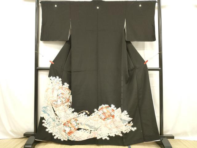 平和屋着物■豪華黒留袖 駒刺繍 貝桶花鳥文 金彩 正絹 逸品 DABC8758cm