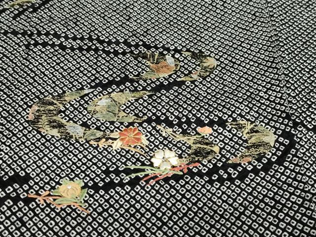 平和屋着物●訪問着 総絞り 駒刺繍 流水草花文 黒地 金彩 正絹 逸品 DABC2680ud