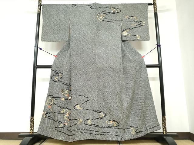 平和屋着物●訪問着 総絞り 駒刺繍 流水草花文 黒地 金彩 正絹 逸品 DABC2680ud