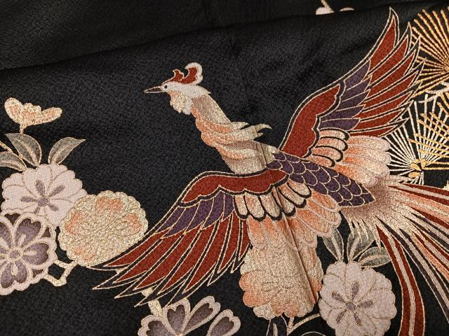 平和屋着物●訪問着 駒刺繍 松竹梅鳳凰文 暈し染め 黒地 金彩 正絹 逸品 AABG9020ph
