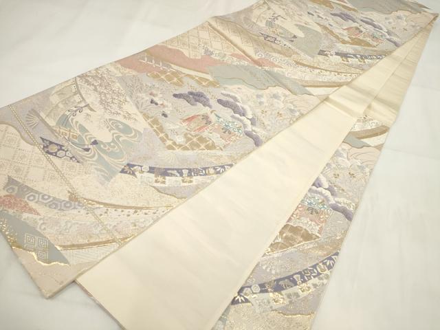 平和屋着物◎六通柄袋帯 扇面花文 吉祥萬代 金銀糸 正絹 逸品 AABG6330wj