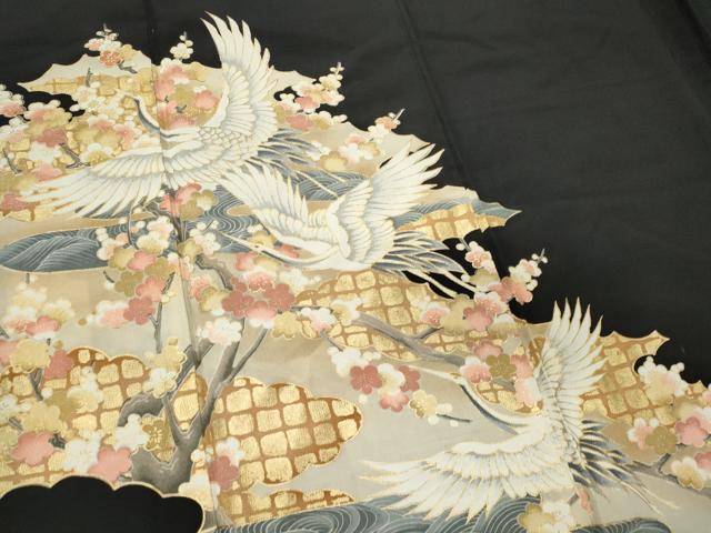 平和屋着物■豪華黒留袖 立波飛鶴枝梅文 金彩 正絹 逸品 CABE4016ou