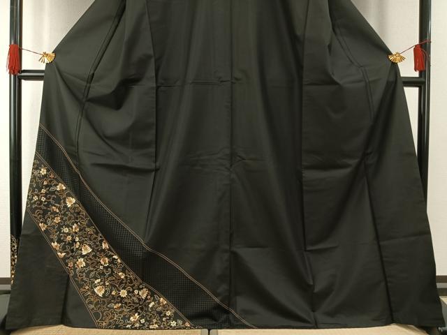 平和屋着物●訪問着 本場大島紬 染大島 総刺繍 花唐草文 黒地 正絹 逸品 AABG4725fy