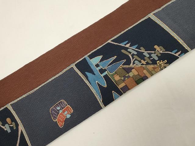 平和屋着物●全通柄九寸名古屋帯 風景文 金彩 鬼しぼ縮緬 正絹 逸品 CABE3731dy