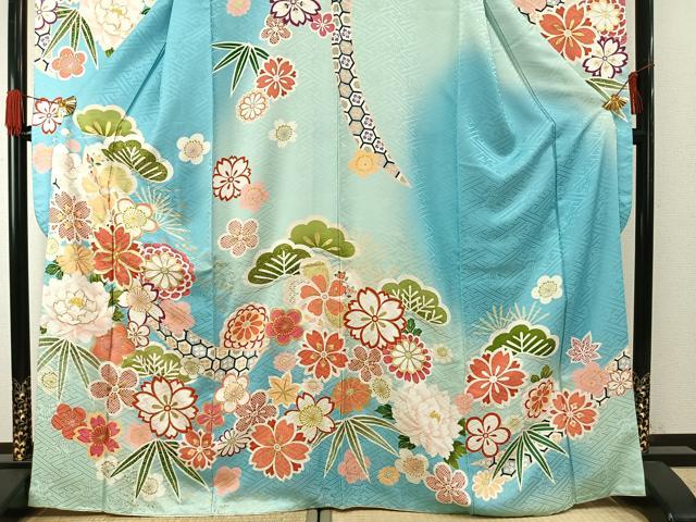 平和屋着物●豪華振袖 駒刺繍 松竹梅 暈し染め 金彩 正絹 逸品 AABH0486fy