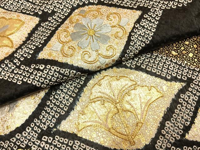 平和屋着物●訪問着 駒刺繍 絞り 草花文 黒地 金糸 金彩 正絹 逸品 AABH0513fy