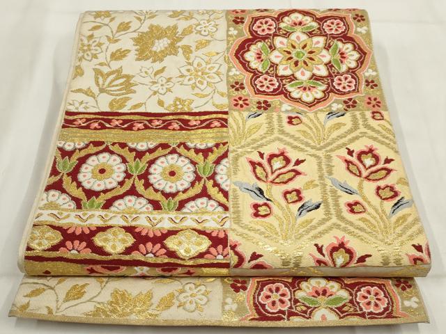 平和屋着物◎六通柄 京本袋帯 市松吉祥花文 金糸 正絹 逸品 AABH1143wj