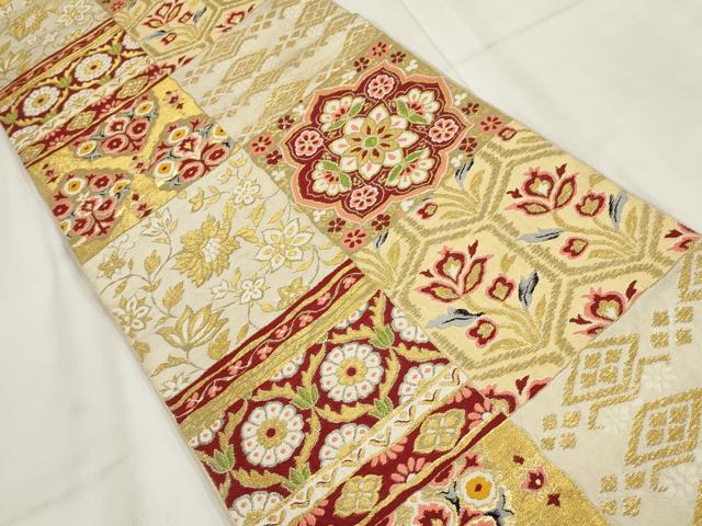 平和屋着物◎六通柄 京本袋帯 市松吉祥花文 金糸 正絹 逸品 AABH1143wj