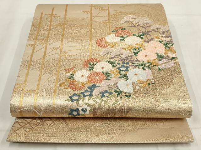 平和屋着物◎六通柄袋帯 鴛鴦流水花文 金糸 正絹 逸品 AABH1142wj