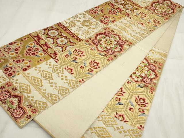 平和屋着物◎六通柄 京本袋帯 市松吉祥花文 金糸 正絹 逸品 AABH1143wj