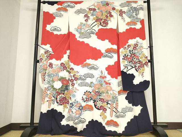 平和屋着物●豪華振袖 絞り 型染め 雲取り花車文 正絹 逸品 DABC3640az