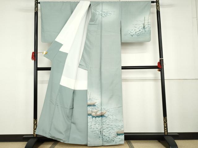 平和屋着物●本加賀友禅作家 石田巳代治 白山紬 舫い舟 証紙付き 正絹 逸品 AABG9905cs