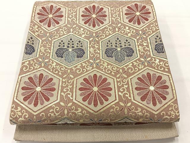 平和屋着物◎六通柄袋帯 亀甲花文 金糸 正絹 逸品 AABH2374uk