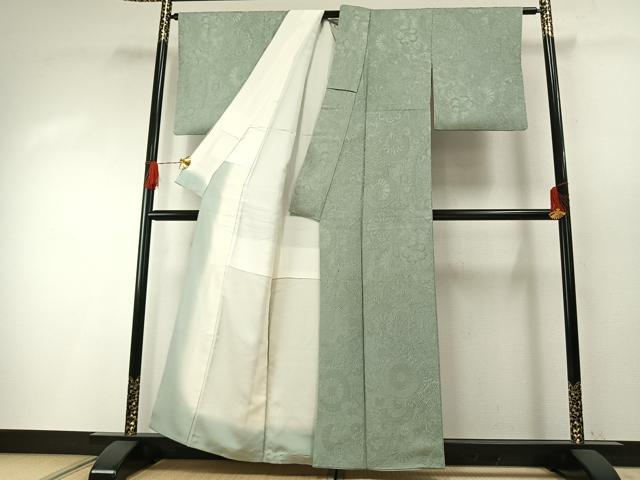 平和屋着物●上質な色無地 源氏車花地紋 青磁鼠色 正絹 逸品 AABH0542fy