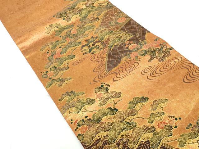 平和屋着物◎太鼓柄袋帯 流水枝花松文 金彩 引箔 正絹 逸品 DABD4246qa