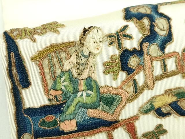 平和屋着物●中国三大刺繍 相良刺繍 塩瀬 九寸名古屋帯 駒刺繍 総刺繍 異国人物風景花文 金糸 正絹 逸品 DABD1484ps