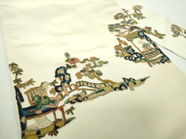 平和屋着物●中国三大刺繍 相良刺繍 塩瀬 九寸名古屋帯 駒刺繍 総刺繍 異国人物風景花文 金糸 正絹 逸品 DABD1484ps