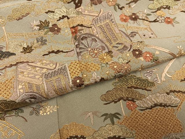 平和屋着物●訪問着 総刺繍 御所車草花文 金糸 ますいわ屋扱い 正絹 逸品 AABH2061ph