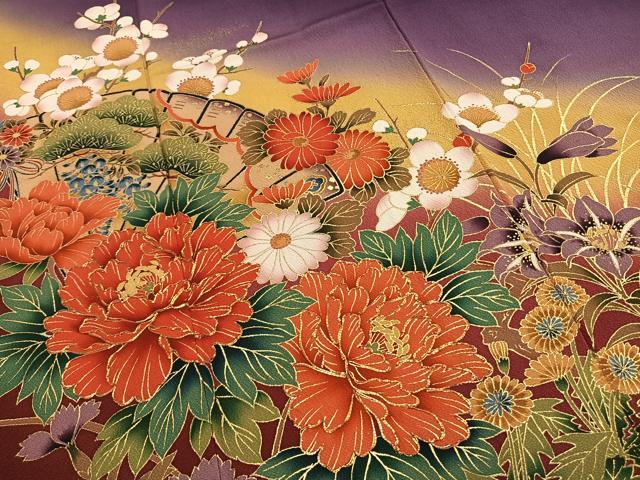 平和屋着物●豪華振袖 駒刺繍 草花文 暈し染め 金彩 正絹 逸品 AABH0578fy