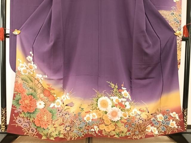 平和屋着物●豪華振袖 駒刺繍 草花文 暈し染め 金彩 正絹 逸品 AABH0578fy