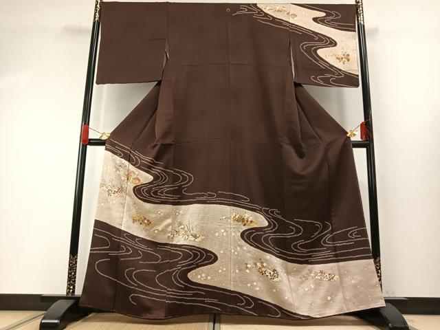 平和屋着物●訪問着 友禅 絞り 流水花文 金彩 正絹 逸品 AABH0613fy