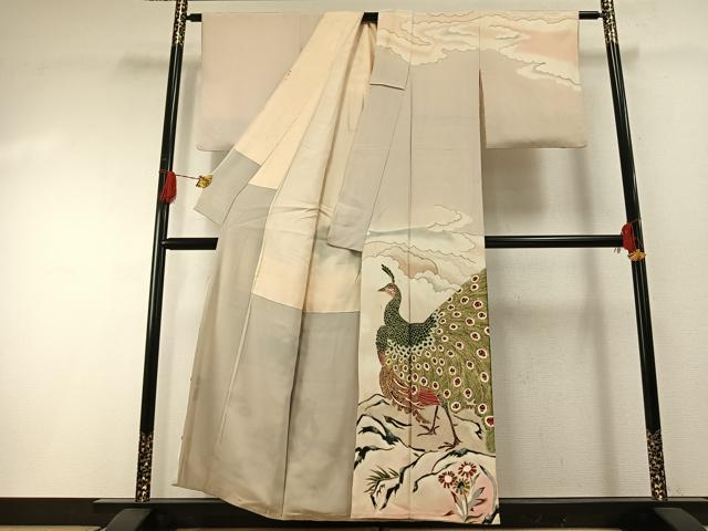 平和屋着物●セミアンティーク 訪問着 孔雀文 暈し染め 金彩 正絹 逸品 AABH0577fy