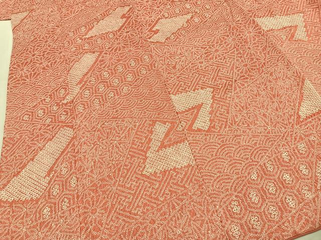 平和屋着物●上質な小紋 総絞り 切嵌花文 正絹 逸品 AABH0599fy