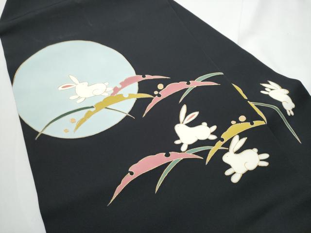 平和屋着物●塩瀬 九寸名古屋帯 満月 兎 雪芝文 黒地 金彩 正絹 逸品 CABE4680hy