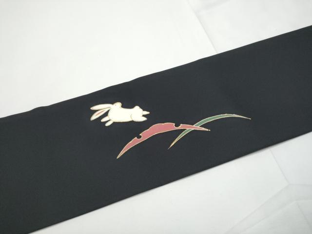 平和屋着物●塩瀬 九寸名古屋帯 満月 兎 雪芝文 黒地 金彩 正絹 逸品 CABE4680hy