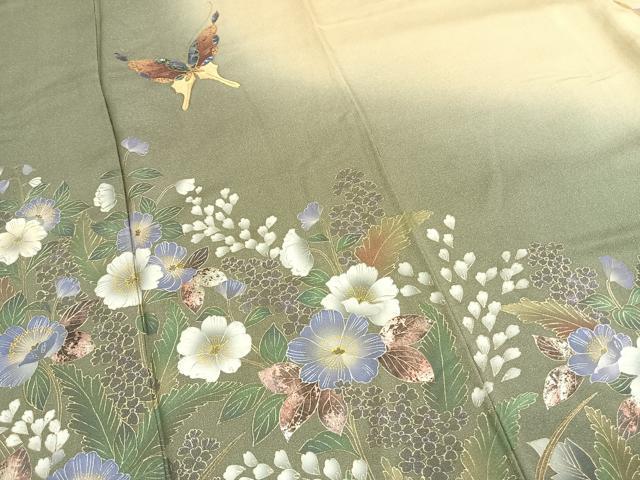 平和屋着物●螺鈿作家 甲斐泰造 訪問着 花蝶文 暈し染め 金彩 銀通し地 正絹 逸品 AABH0634fy