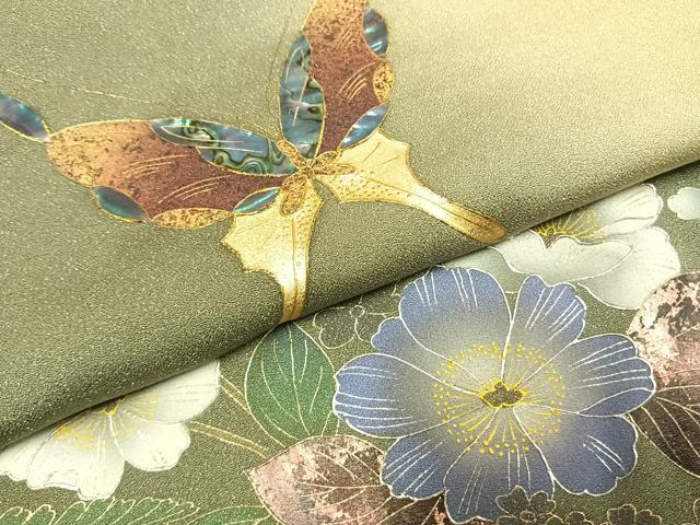 平和屋着物●螺鈿作家 甲斐泰造 訪問着 花蝶文 暈し染め 金彩 銀通し地 正絹 逸品 AABH0634fy