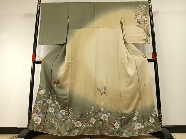 平和屋着物●螺鈿作家 甲斐泰造 訪問着 花蝶文 暈し染め 金彩 銀通し地 正絹 逸品 AABH0634fy