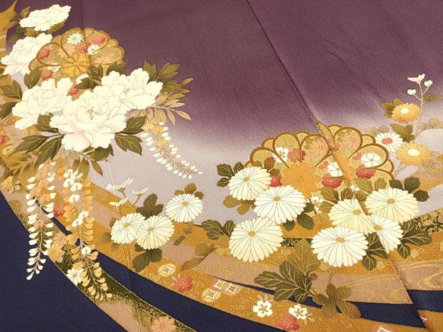 平和屋着物●豪華振袖 駒刺繍 熨斗御所車花文 暈し染め 金彩 正絹 逸品 AABH0666fy