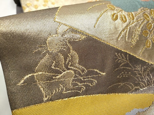 平和屋着物●西陣河村織物謹製・手織り 六通柄袋帯 鳥羽絵扇面 金銀糸 正絹 逸品 CABE4786hy