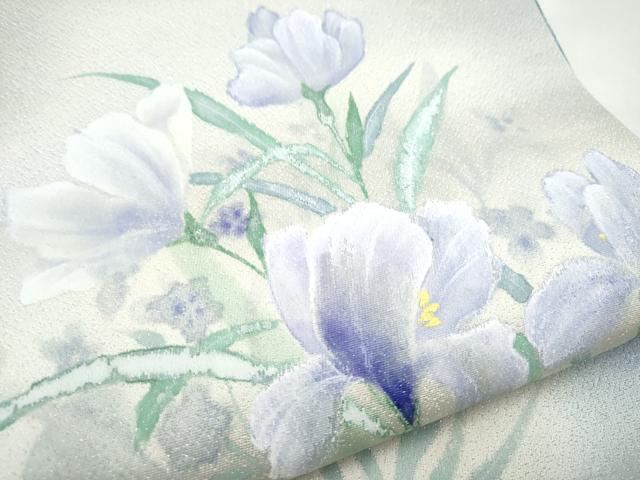 平和屋着物●両面 太鼓柄袋帯 枝花文 銀通し地 正絹 逸品 CABE8443hy