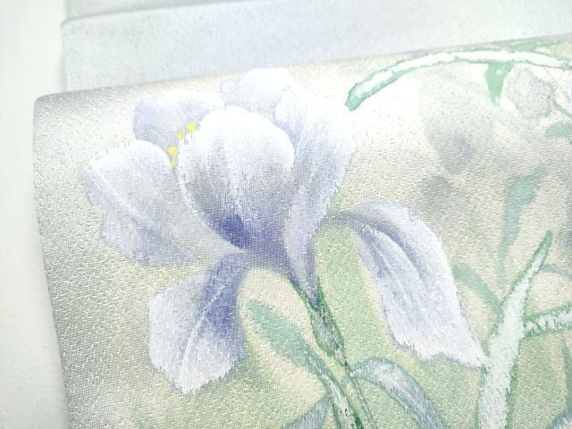 平和屋着物●両面 太鼓柄袋帯 枝花文 銀通し地 正絹 逸品 CABE8443hy