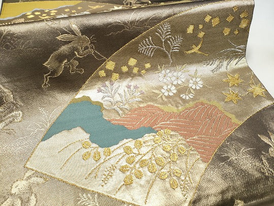 平和屋着物●西陣河村織物謹製・手織り 六通柄袋帯 鳥羽絵扇面 金銀糸 正絹 逸品 CABE4786hy