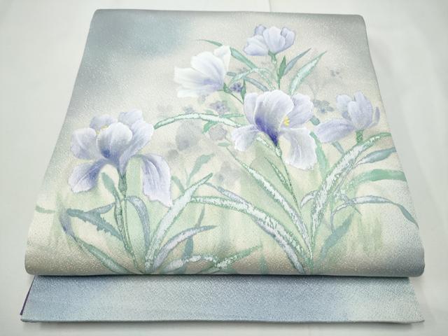 平和屋着物●両面 太鼓柄袋帯 枝花文 銀通し地 正絹 逸品 CABE8443hy
