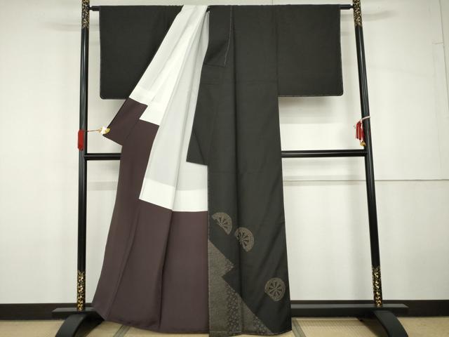 平和屋着物●本場大島紬 染大島 訪問着 源氏車 黒地 正絹 逸品 未使用 AABG9957cs
