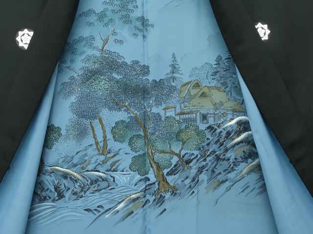 平和屋本店●極上 男性 黒紋付・長羽織セット キングサイズ 羽裏:風景文 逸品 CZAA5515s6