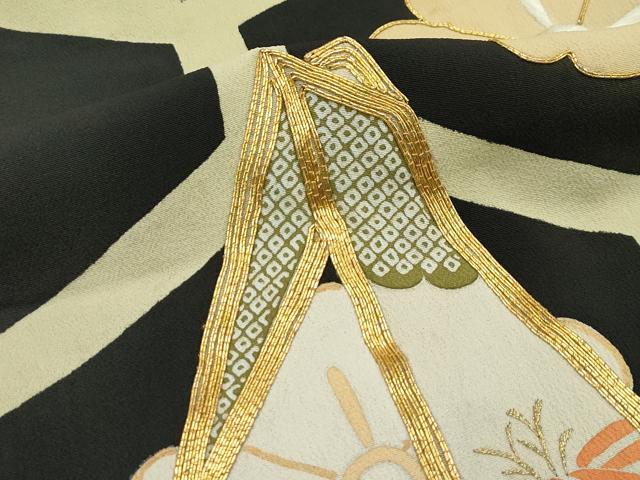 平和屋本店●極上 アンティーク 大正ロマン 振袖 駒刺繍 松竹梅折鶴花文 黒地 金銀糸 逸品 CZAA5518s6